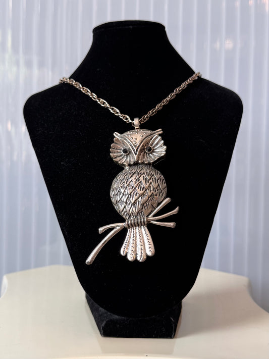 1970s Silver Owl Pendant with Black Rhinestone Eyes
