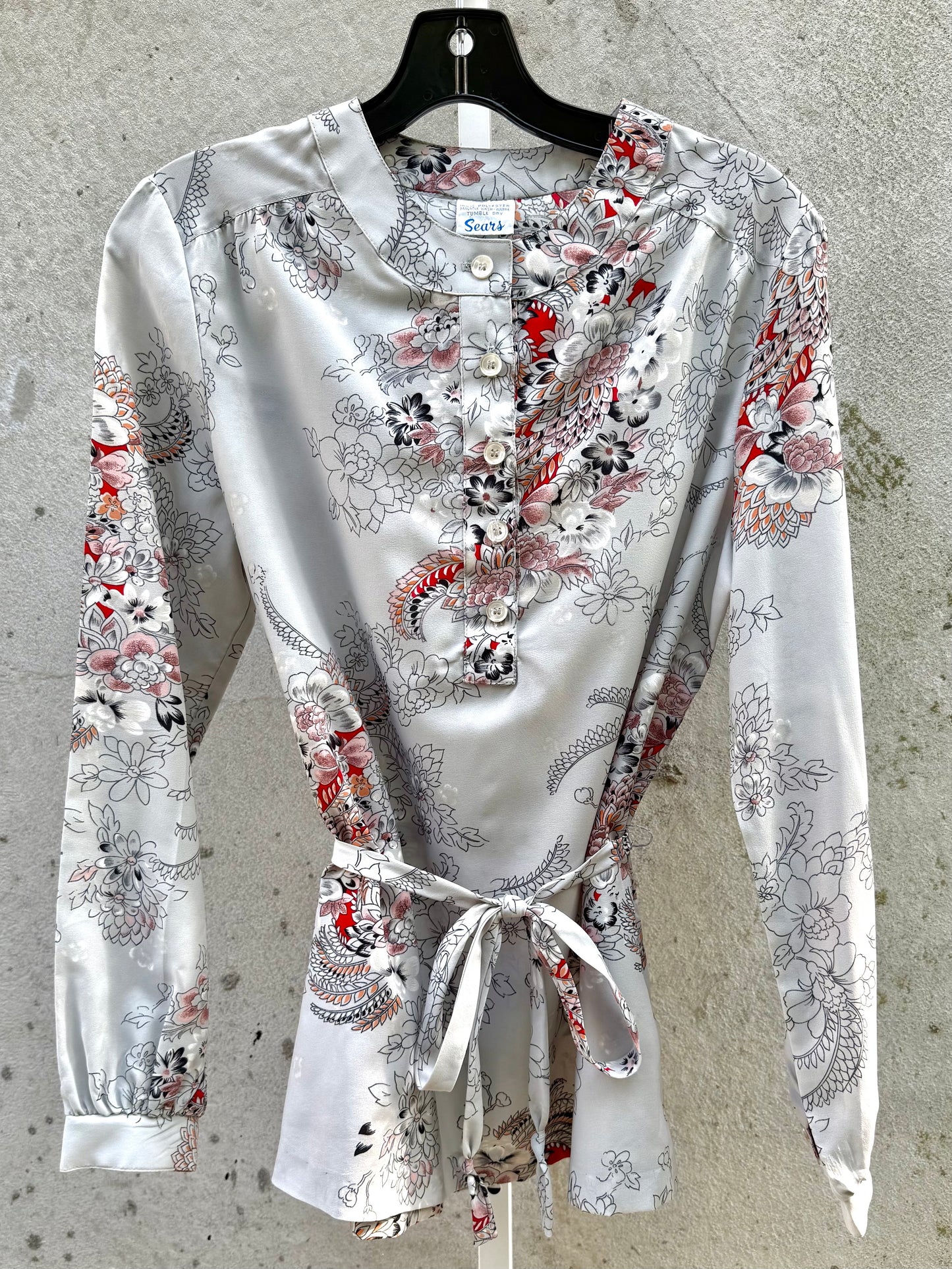 1970s Sears Floral Collarless Button-Front Blouse