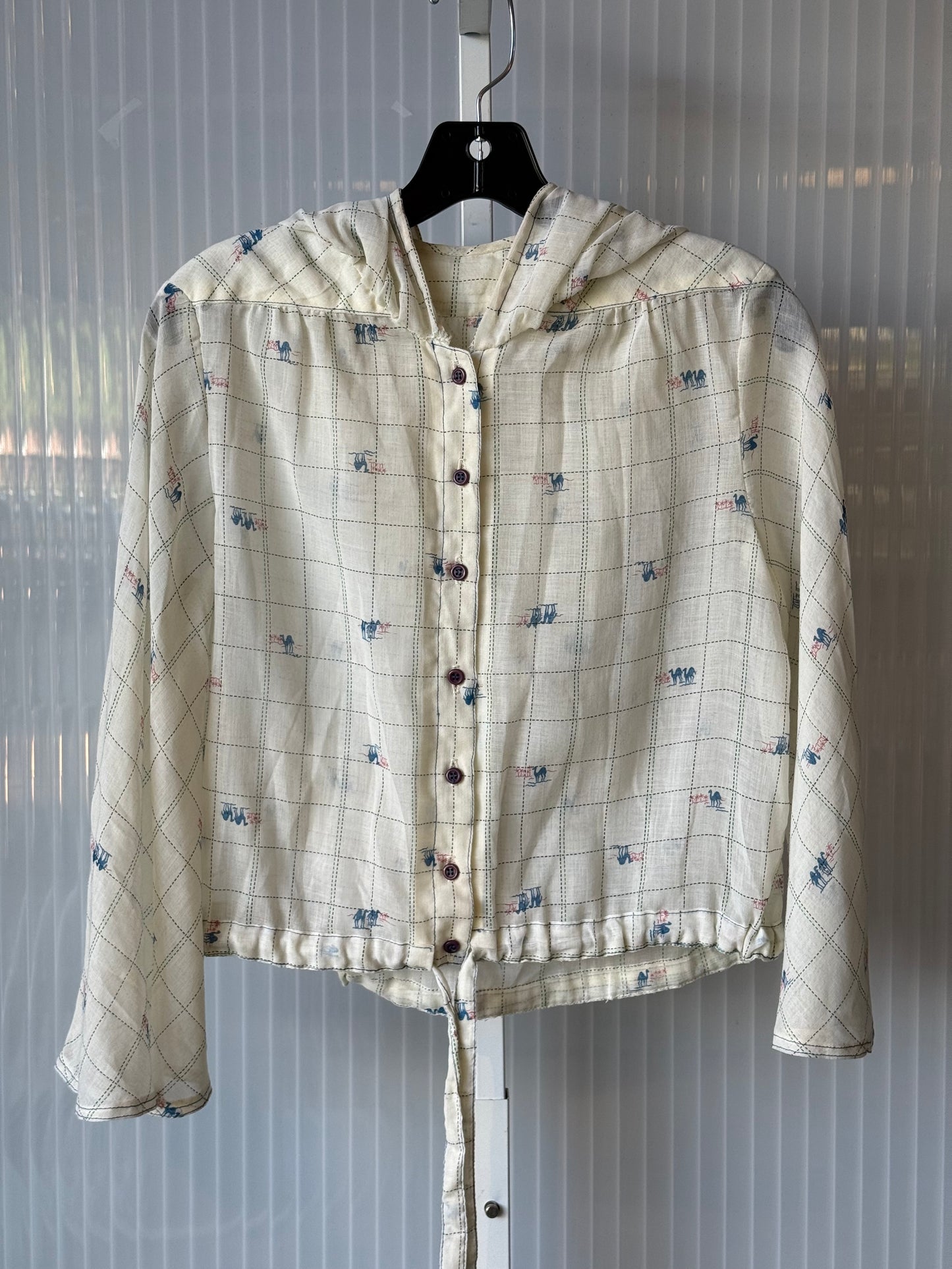 1970s Cream Sheer Cinch Waist Hooded Blouse w/ Camel Print