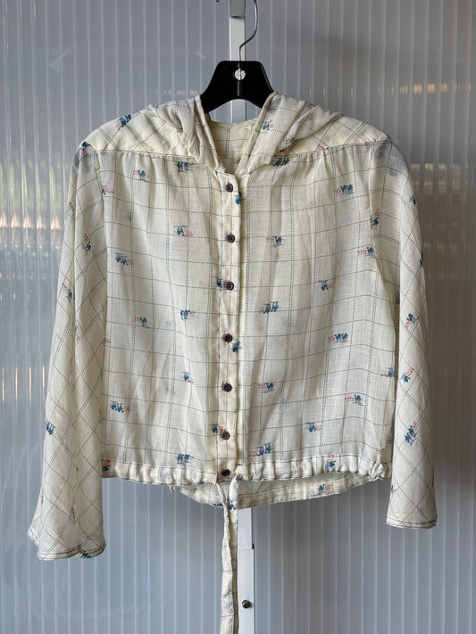 1970s Cream Sheer Cinch Waist Hooded Blouse w/ Camel Print