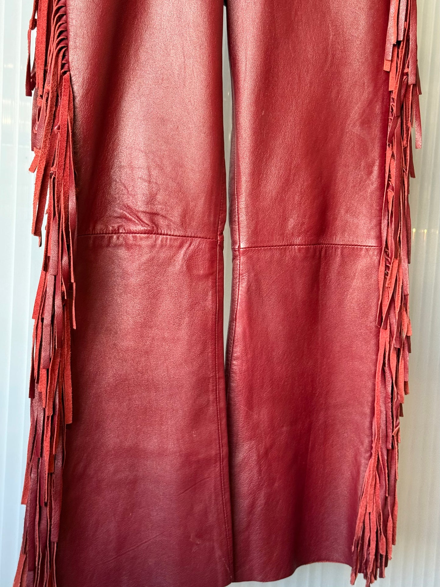 1990s Wilson’s Red Leather Fringe Pants