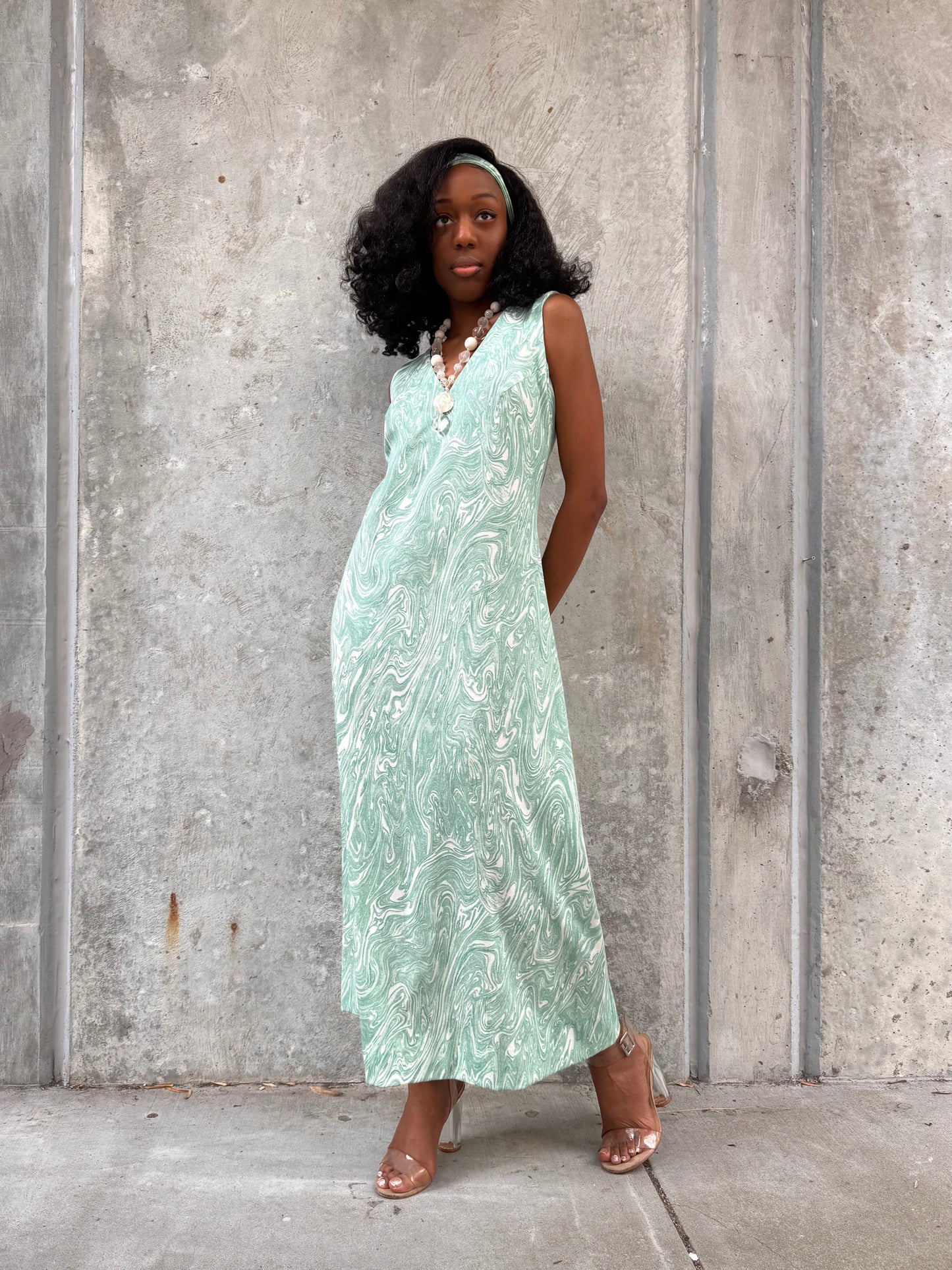 1970s Marbled Teal Dress & Wrap Jacket Set
