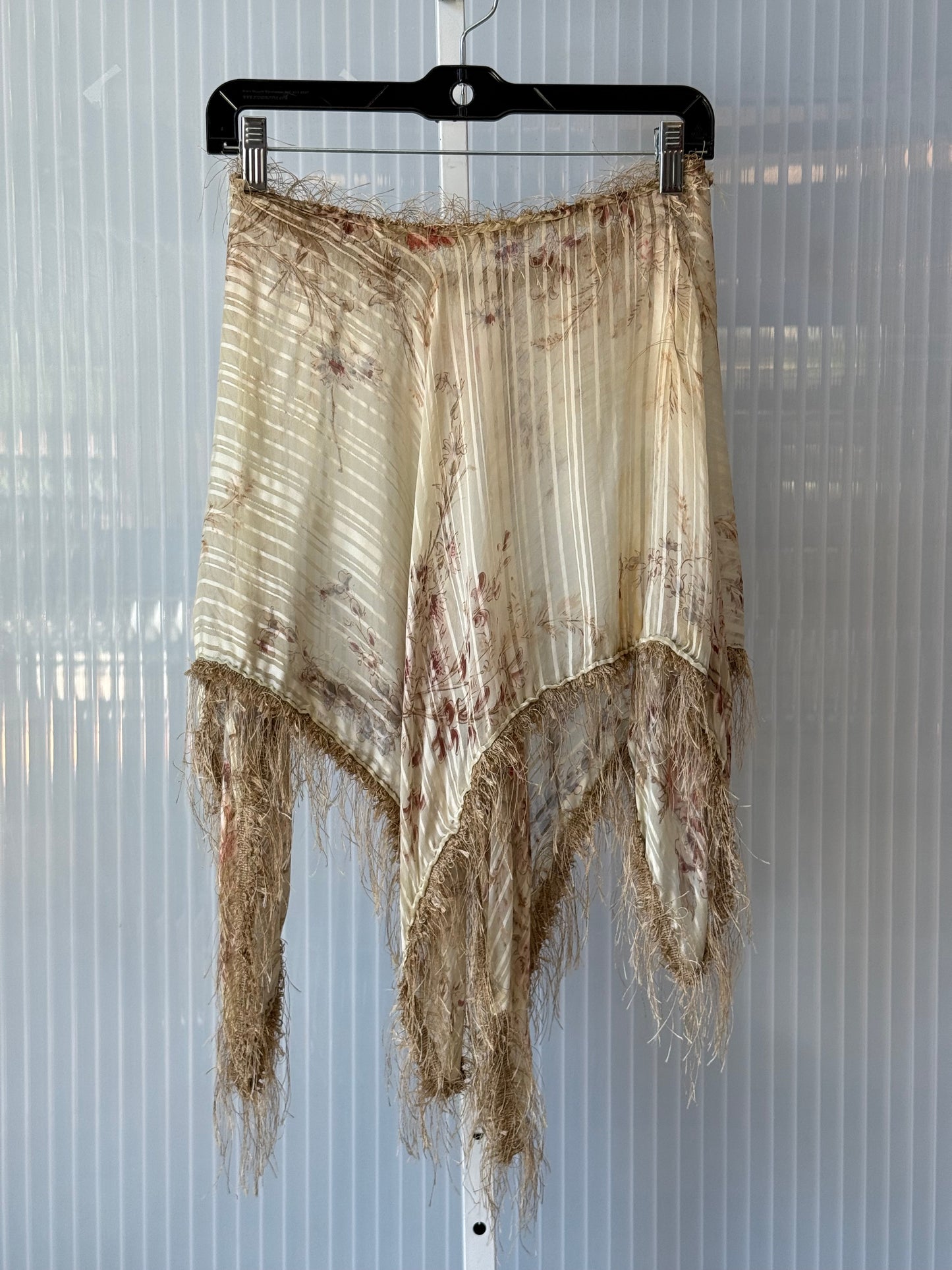 1970s Beige Floral Sheer Poncho w/ Straw Fringe