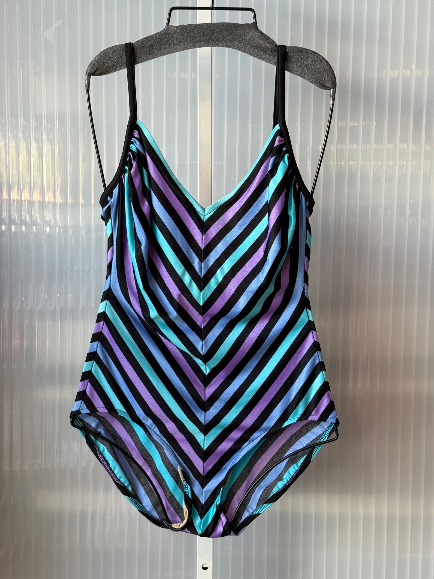 1980s Black, Blue, & Purple Striped One-Piece Swimsuit