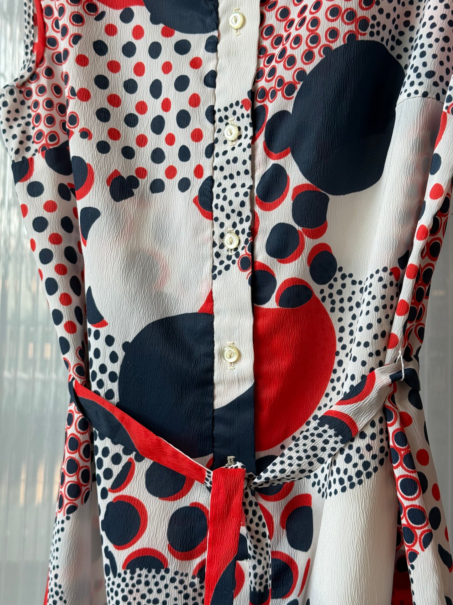 1970s Red, White & Blue Dot Patterned Shirt Waist Dress
