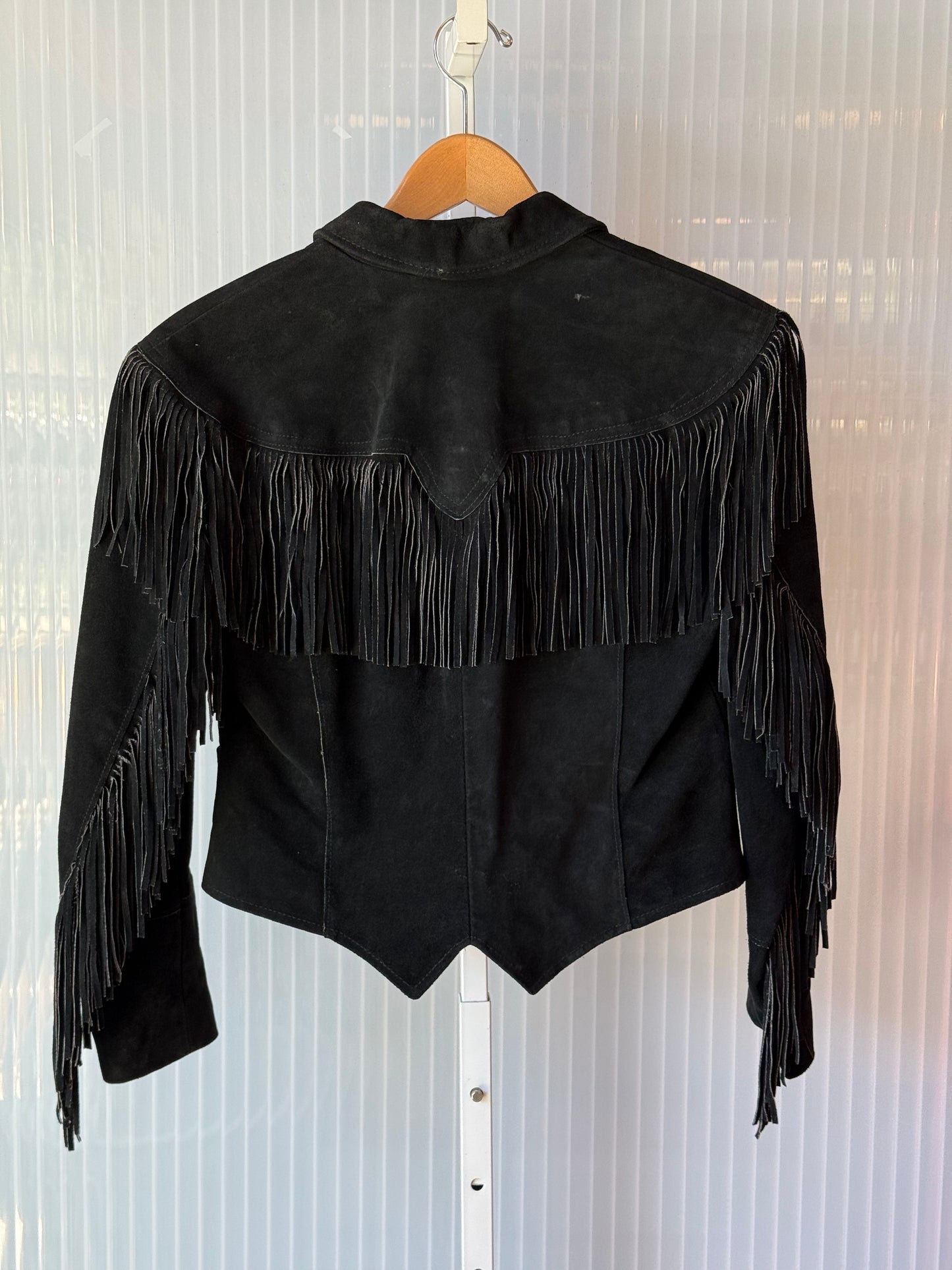 1970s Black Suede Western Fringe Cropped Jacket