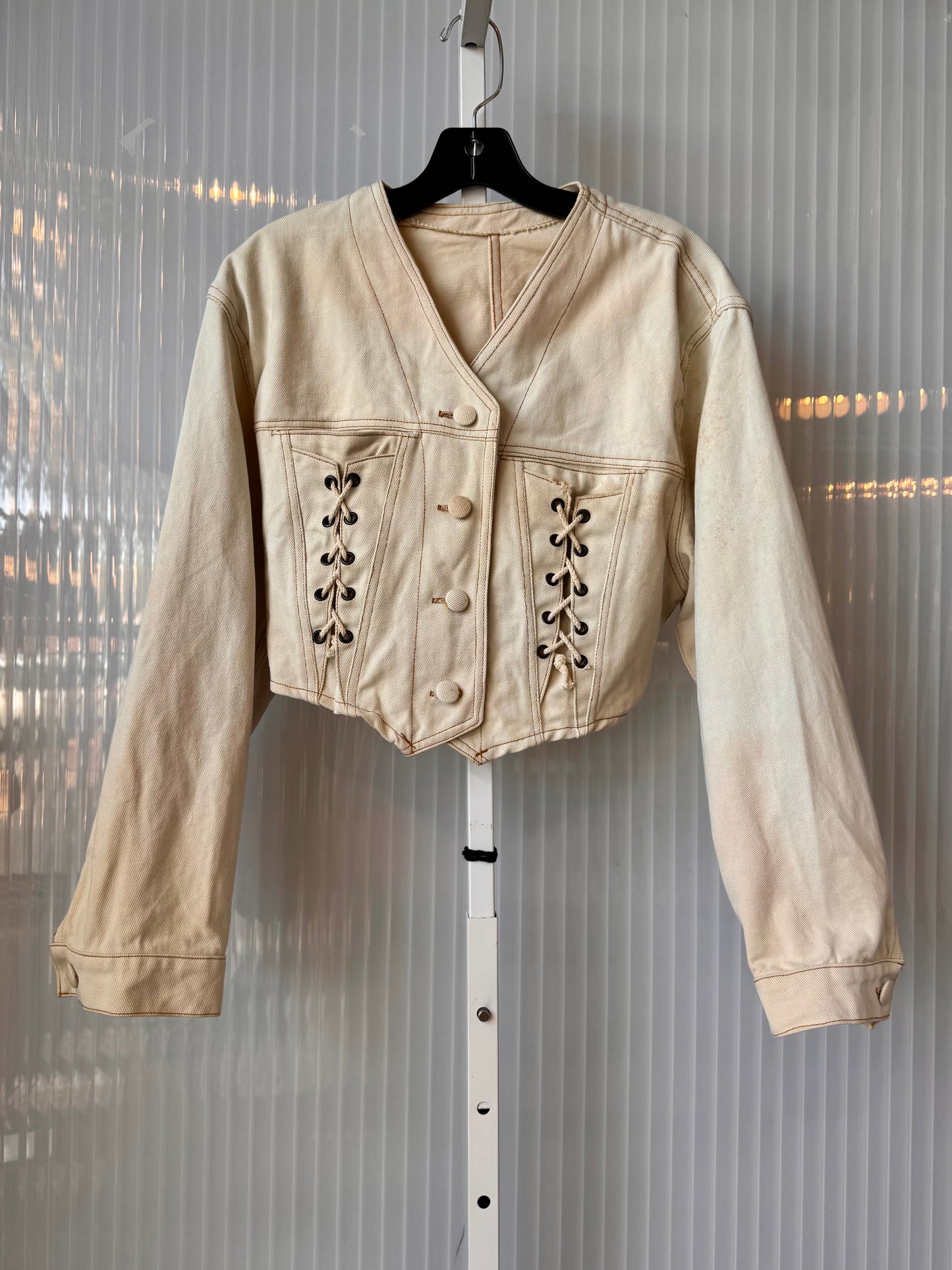 1970s White Denim Cropped Jacket w/ Lace-Up Front Cinches