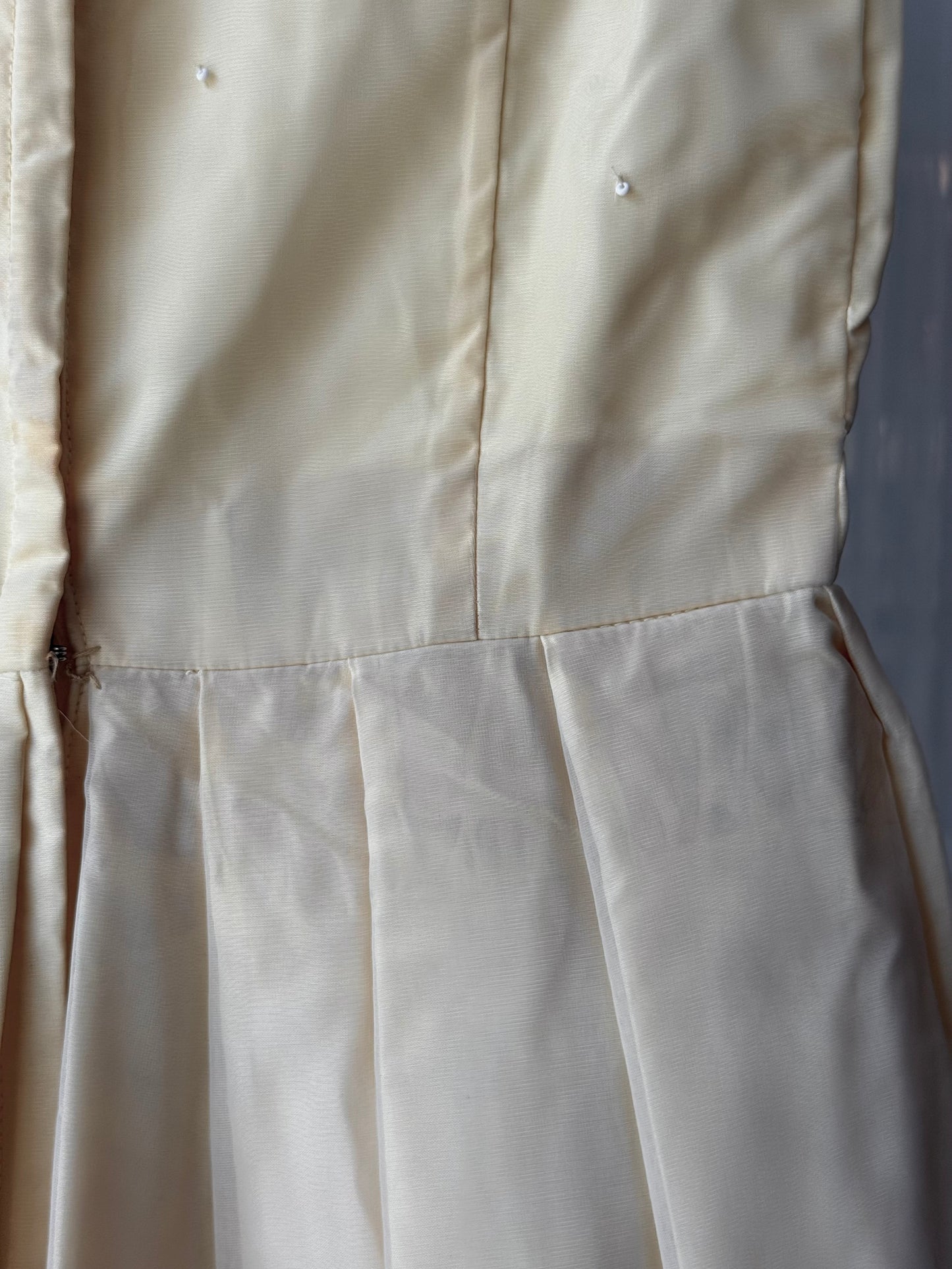 1970s Lemon Yellow Sheer Layered Gown w/ White Beading