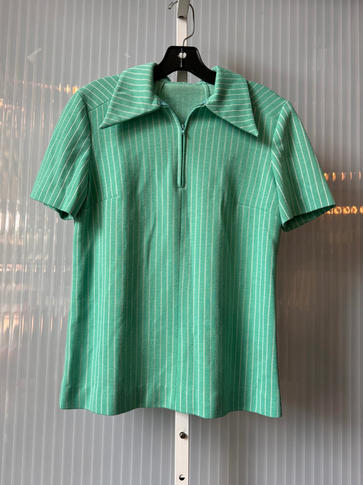 1970s Mint Blue & White Striped Point-Collar Top