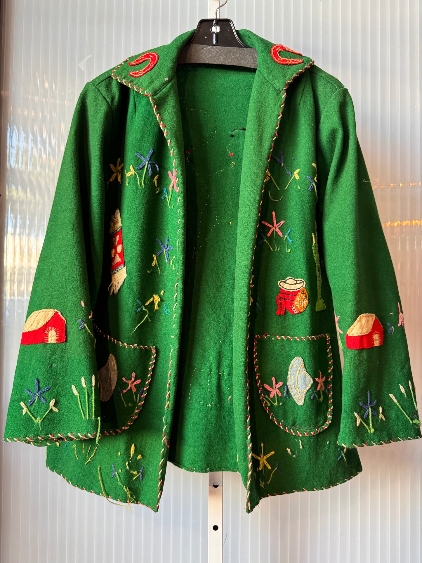 1950s Mexican Embroidered Green Wool Blazer