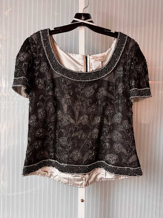 1980s does 1930s Black & Silver Beaded Silk Blouse