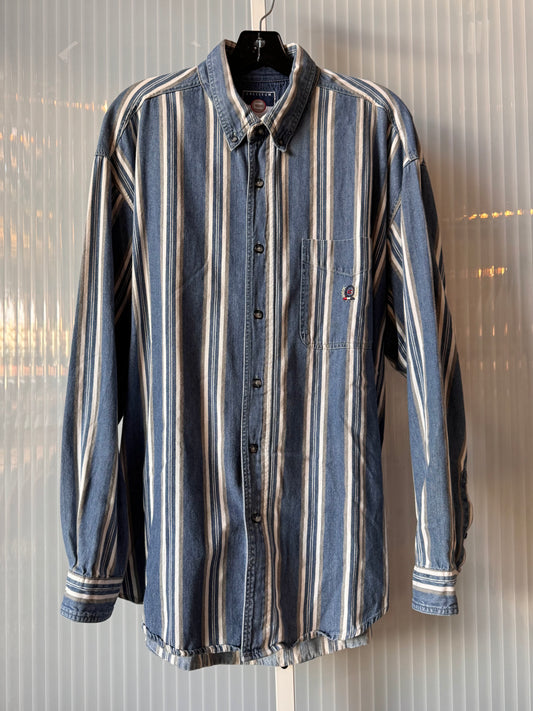 1990s Blue White & Gray Striped Button-Down Shirt