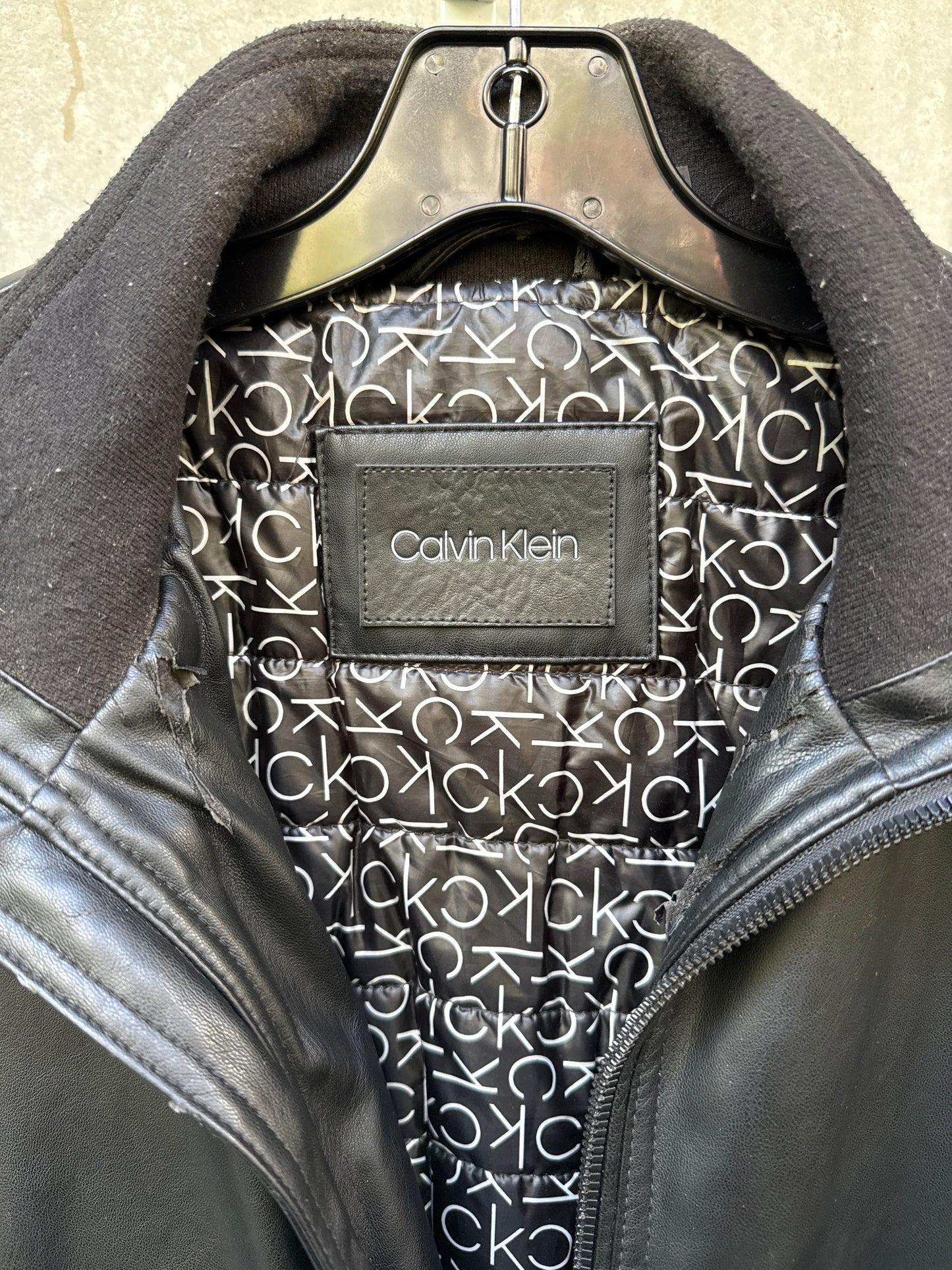 Calvin Klein Faux Black Leather Jacket with Padded Logo Lining