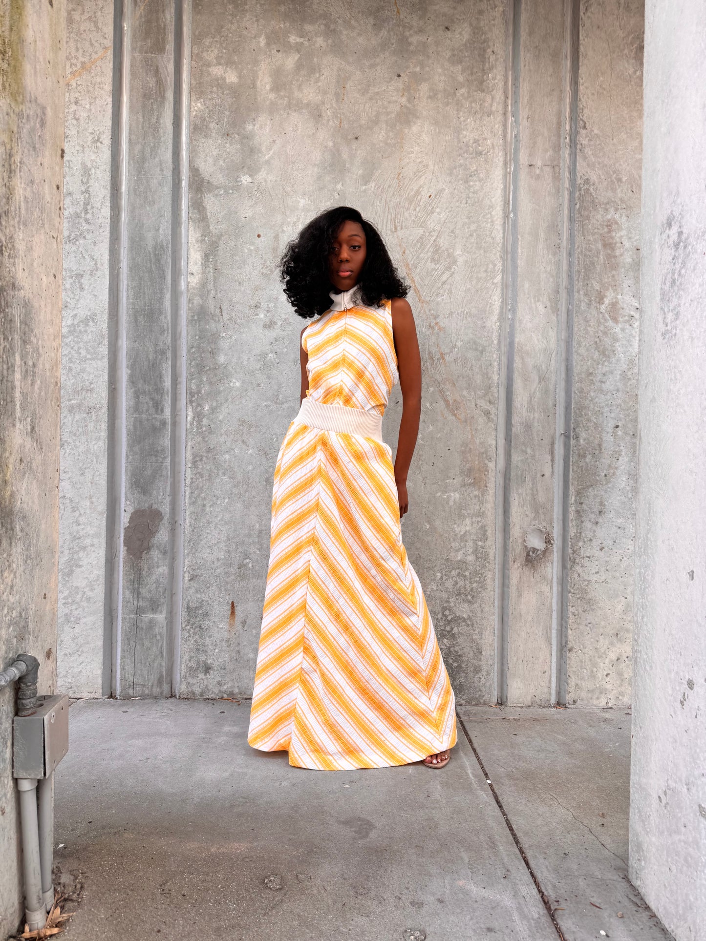 1970s Saks 5th Ave. Orange & White Chevron Bodysuit & Skirt Set