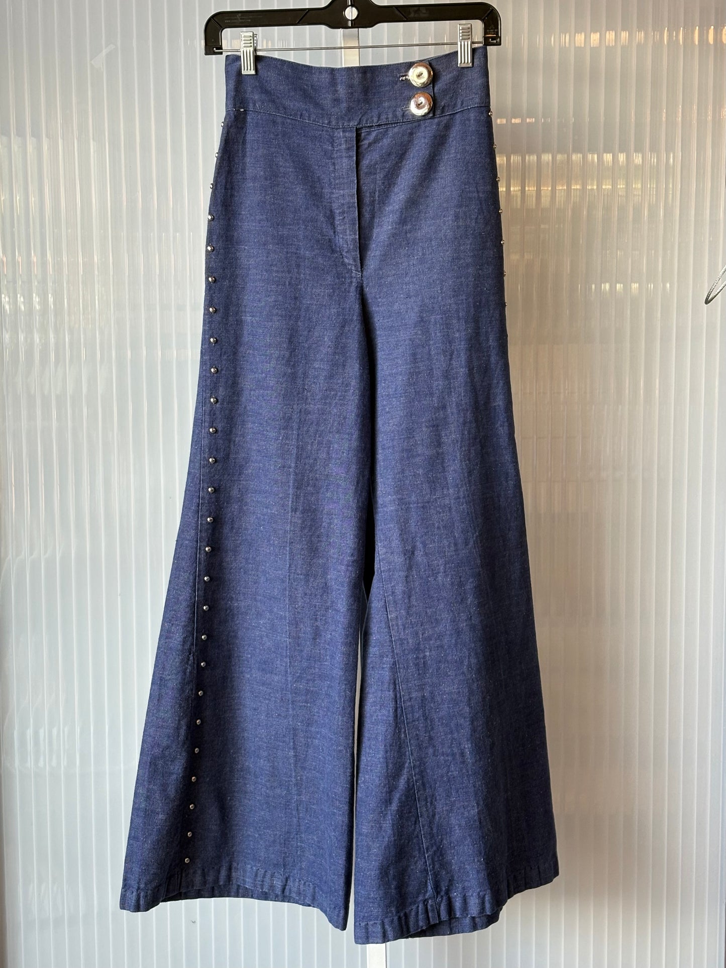 1970s Medium Wash Denim Studded Flared Bellbottom Jeans