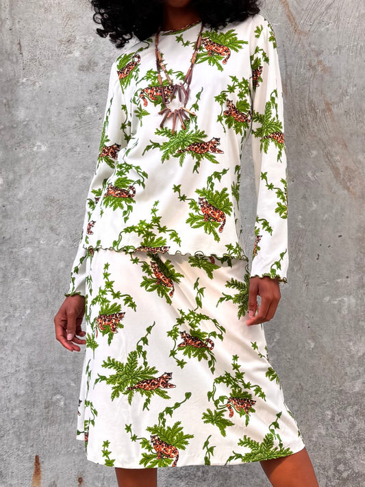 1970s White & Green Jaguar Print Top & Skirt Set