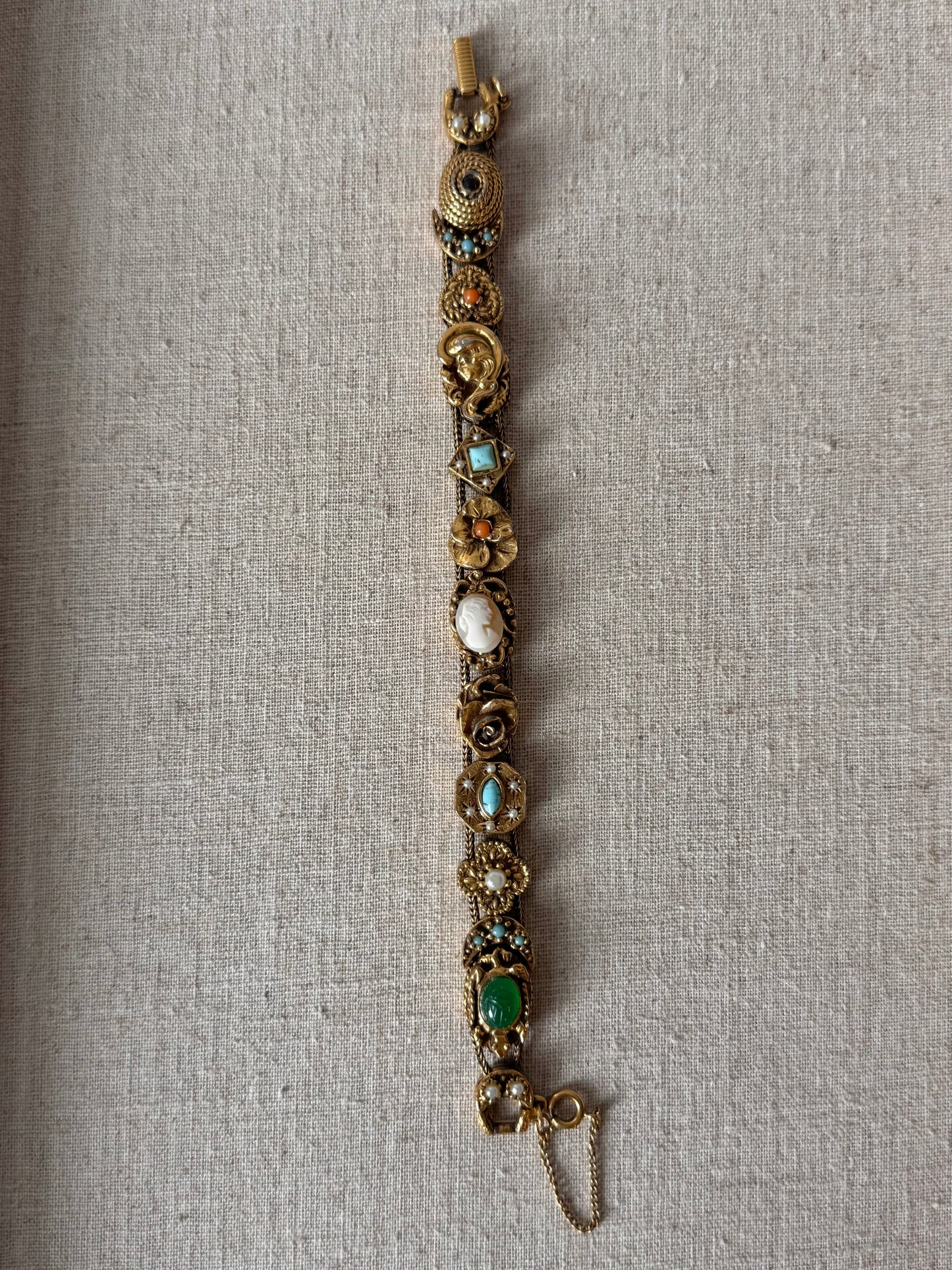 1950s Goldette Victorian Revival Charm Slide Bracelet