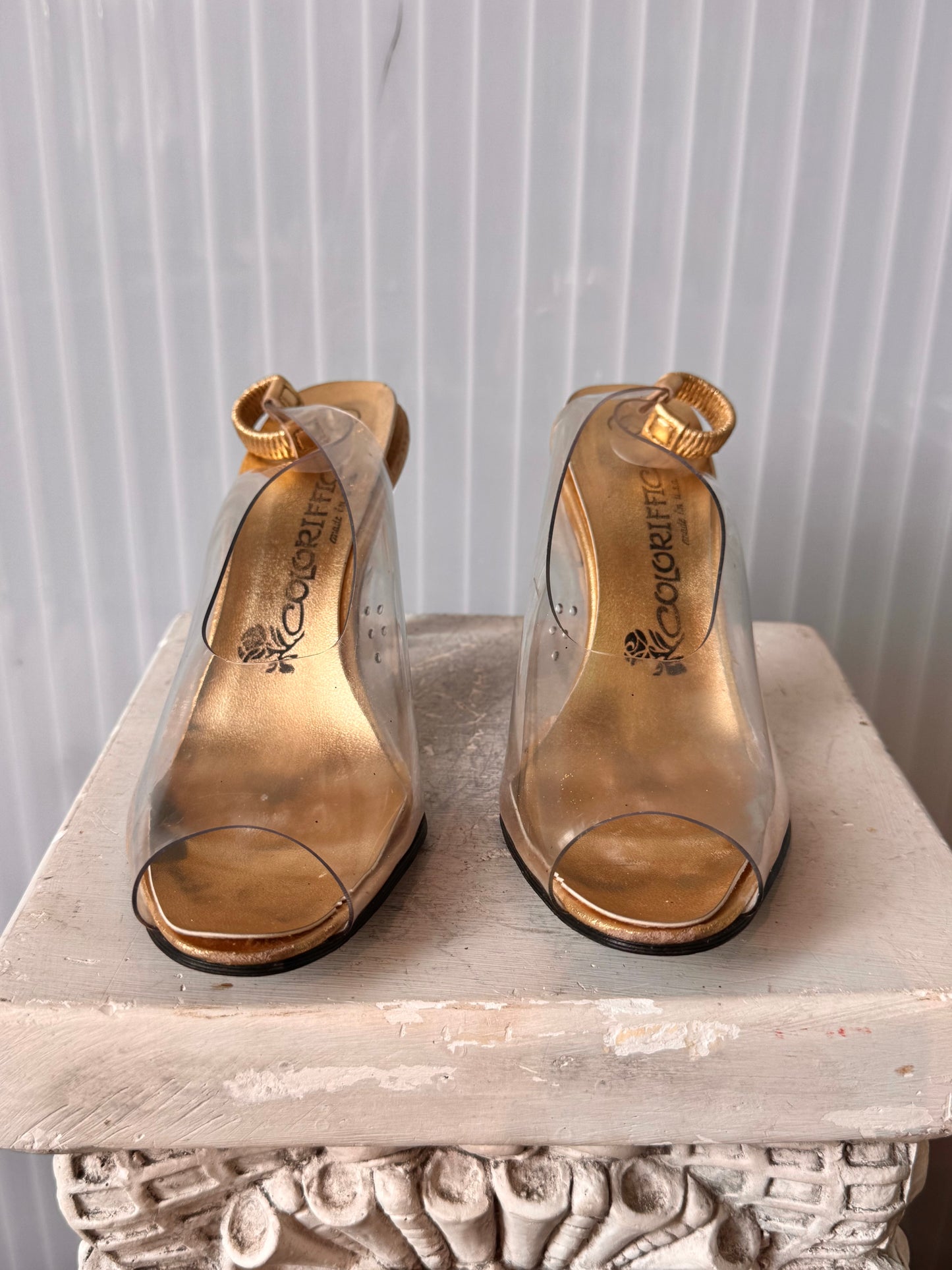 1970s Gold & Clear PVC Peep-toe Slingback Heels