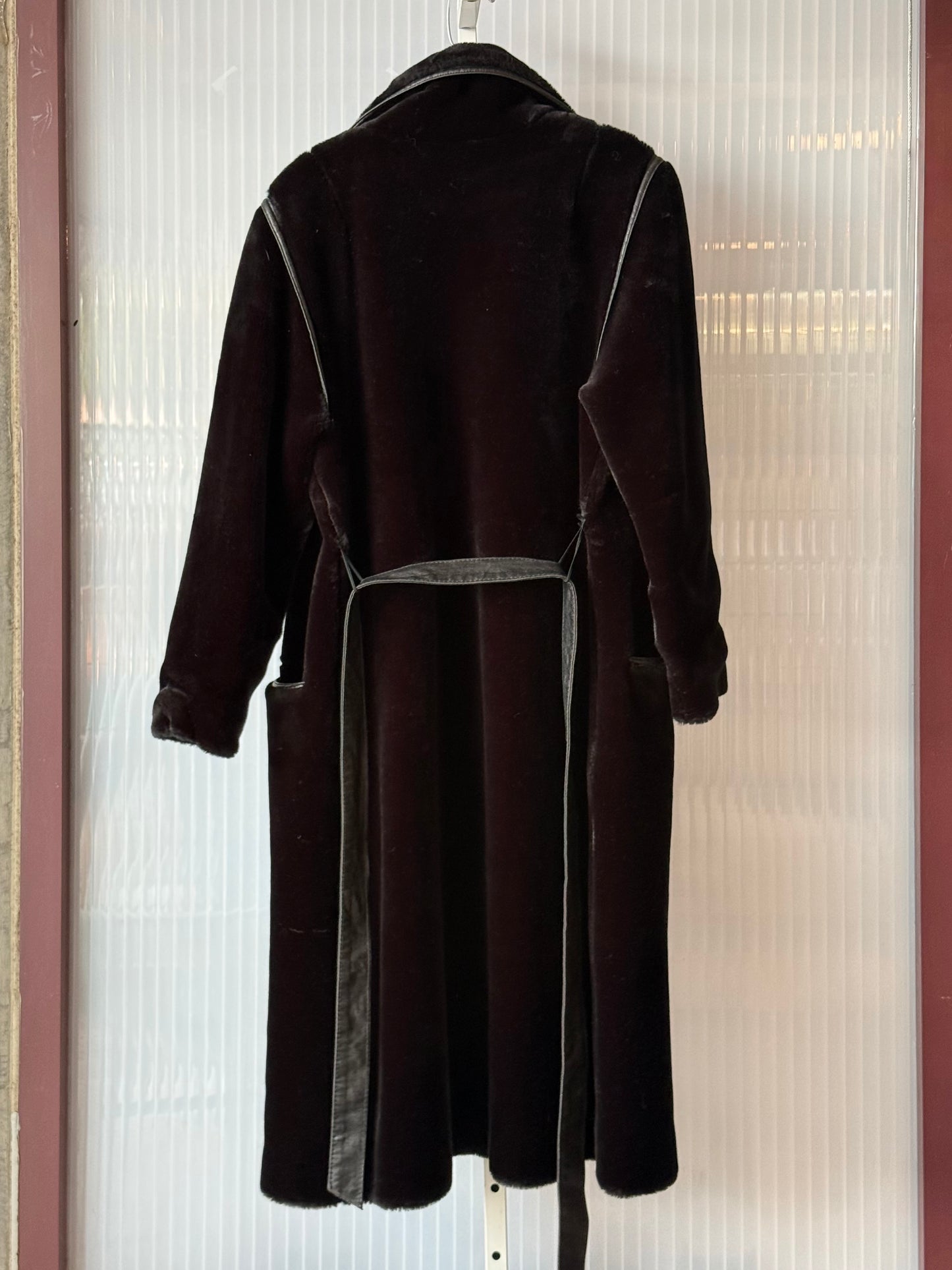 1970s Black Deep Pile Fuzzy Leather Trim Coat