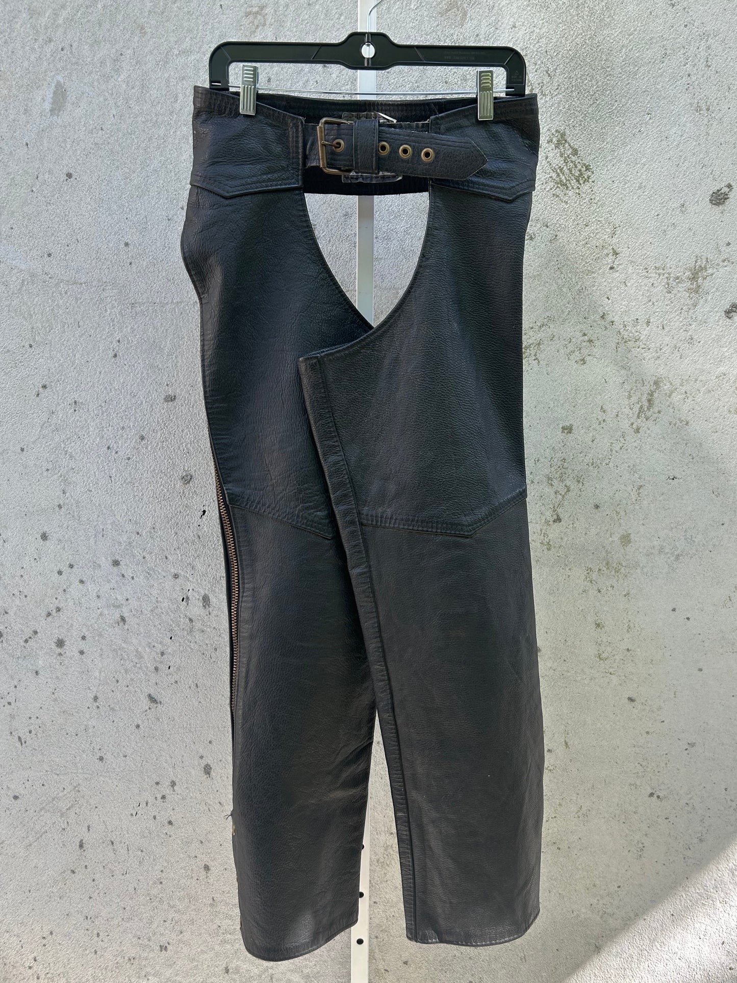 1990s Black Leather Chaps with Brass Snaps