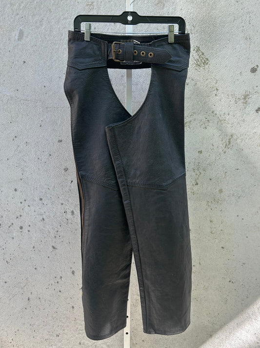 1990s Black Leather Chaps with Brass Snaps