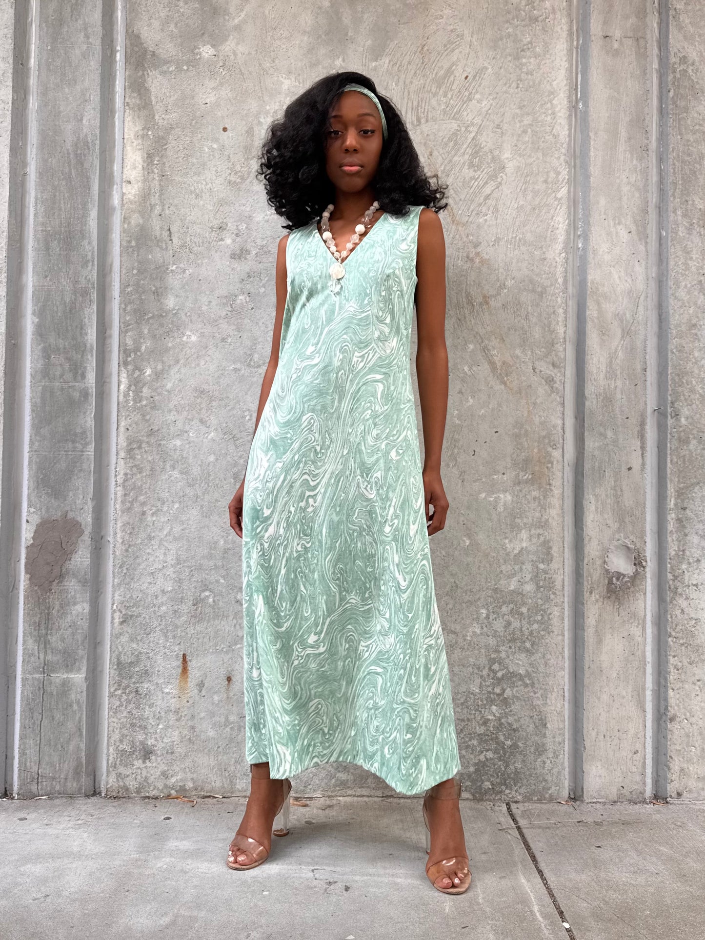 1970s Marbled Teal Dress & Wrap Jacket Set