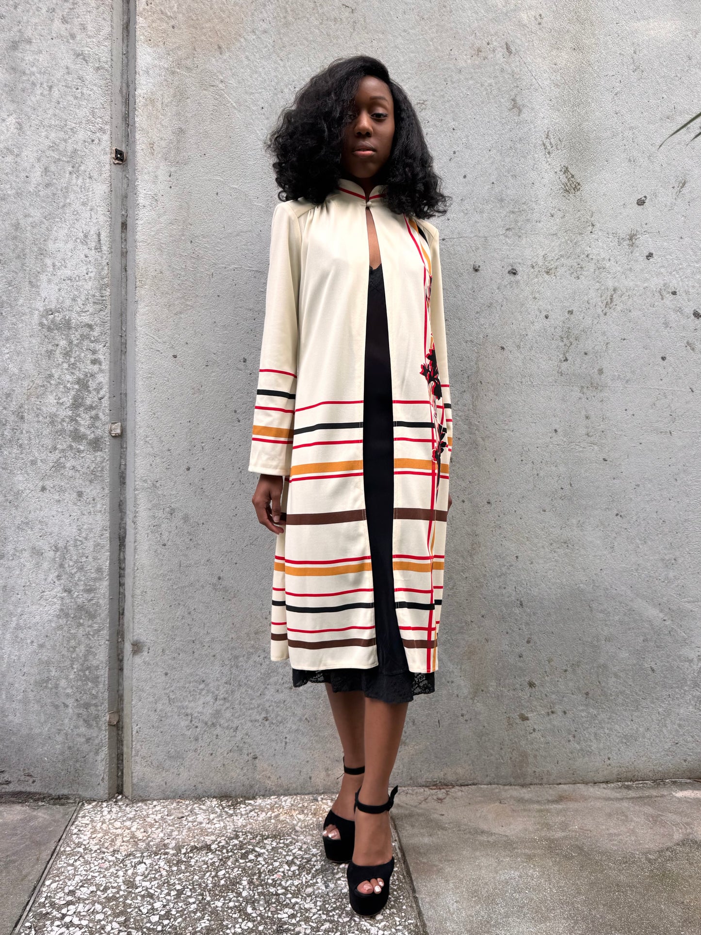 1970s Cream Red & Black Striped Open-Front Jacket