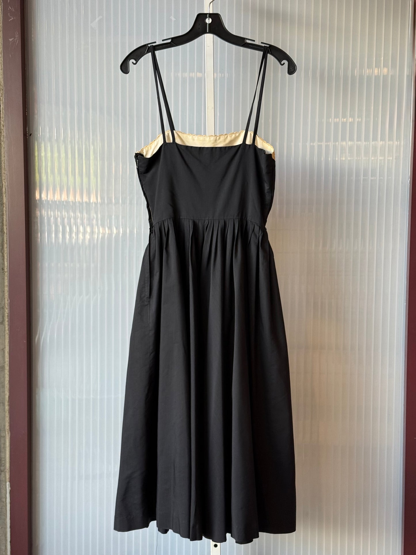 1950s Black Cotton Dress w/ Tan Crochet Bodice & Bolero