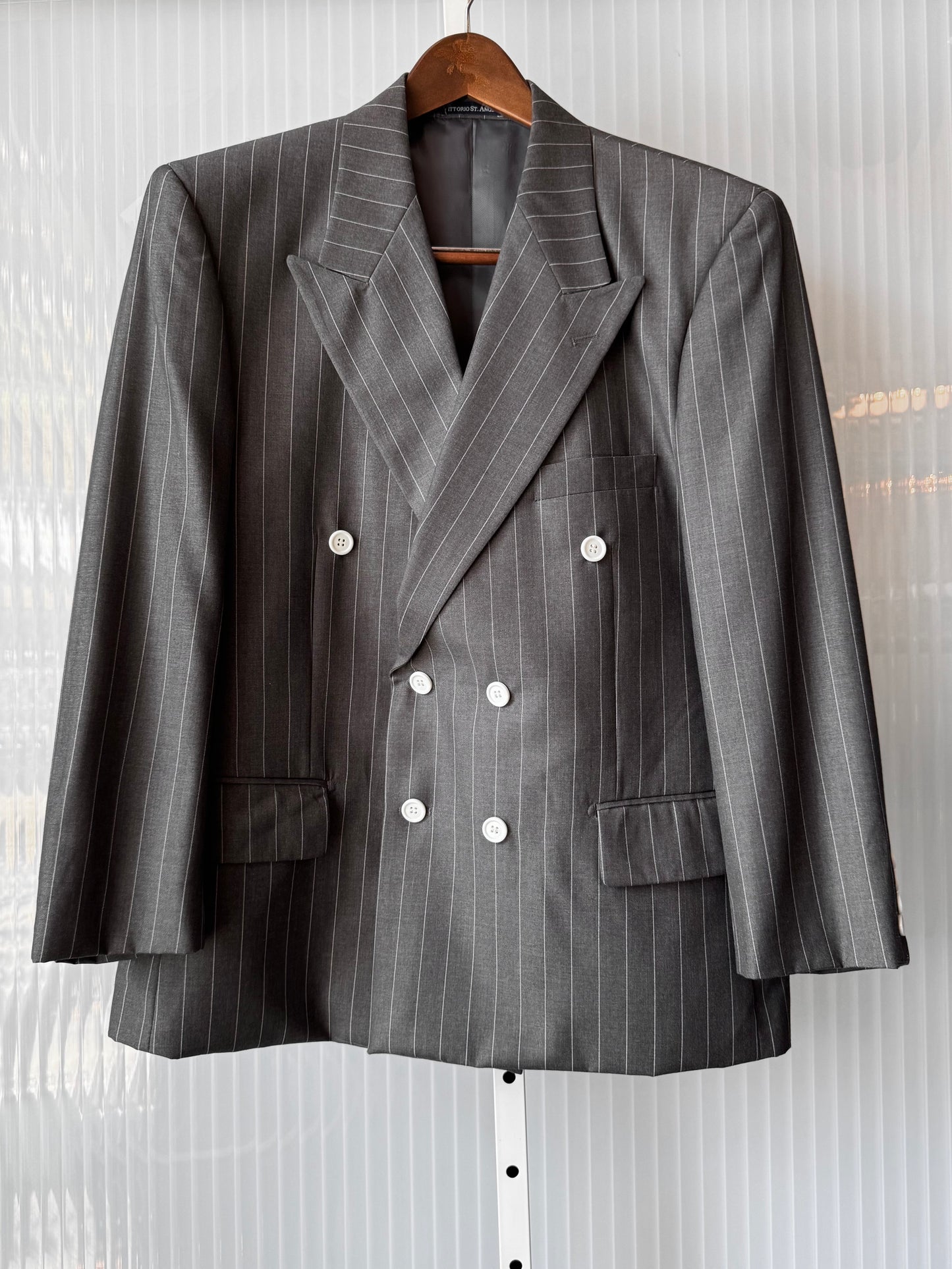 1990s Gray & White Pinstripe Blazer & Pants Suit Set