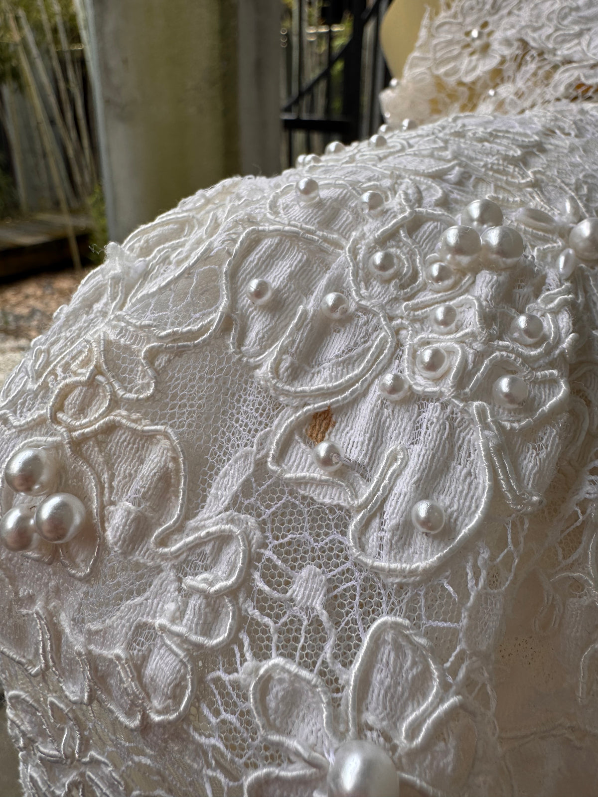 1980s Off-white Floral Lace & Pearl Taffeta Wedding Dress