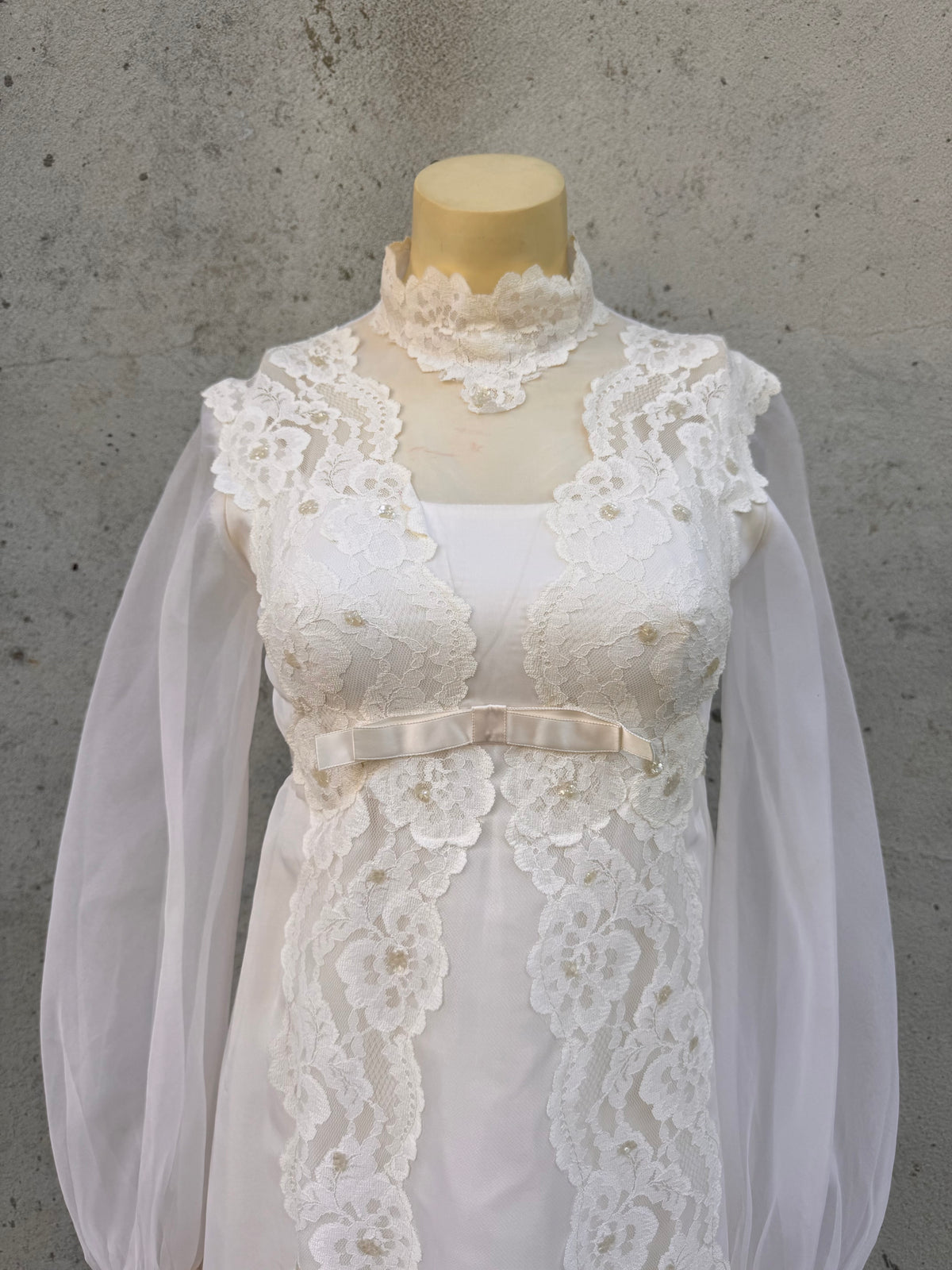 1970s White Organza Empire-Waist Wedding Dress