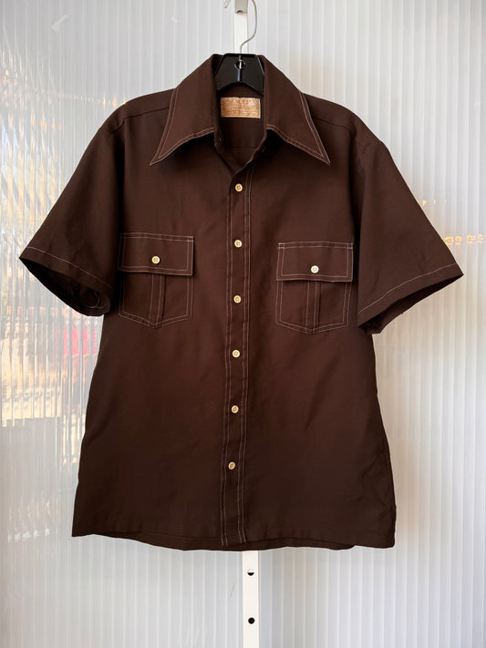 1970s Sears Brown Pointed Collar Contrast Stitch Shirt