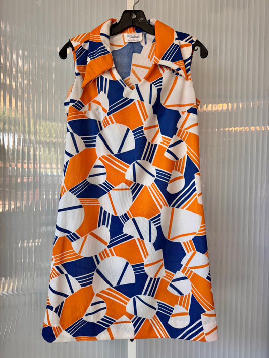 1960s Orange Blue & White Geometric Dress