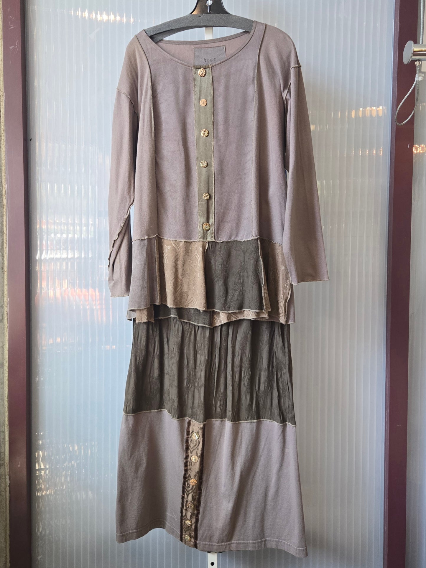 1990s Boho Patchwork Blouse and Skirt Set with Abalone Buttons