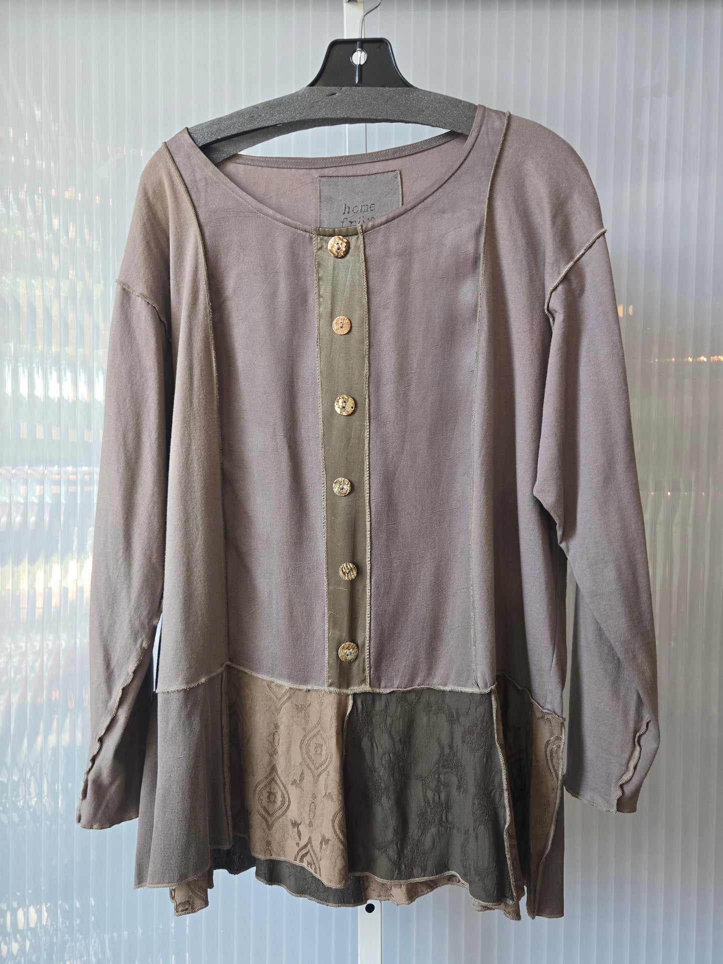 1990s Boho Patchwork Blouse and Skirt Set with Abalone Buttons