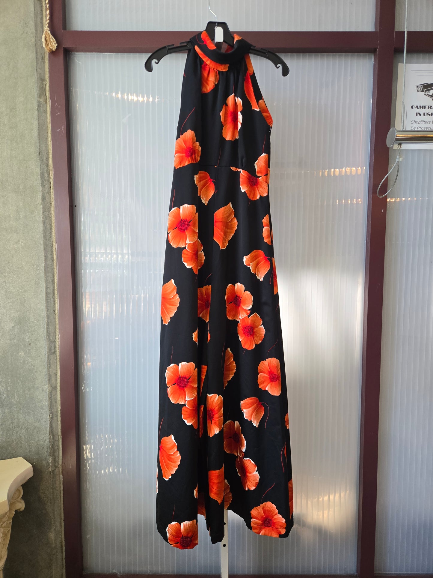1990s Black Flare Leg Jumpsuit w/ Orange Poppy Print