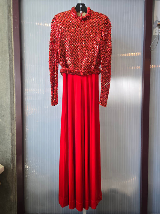 1970s Lipstick Red Disco Jumpsuit w/ Sequin Upper