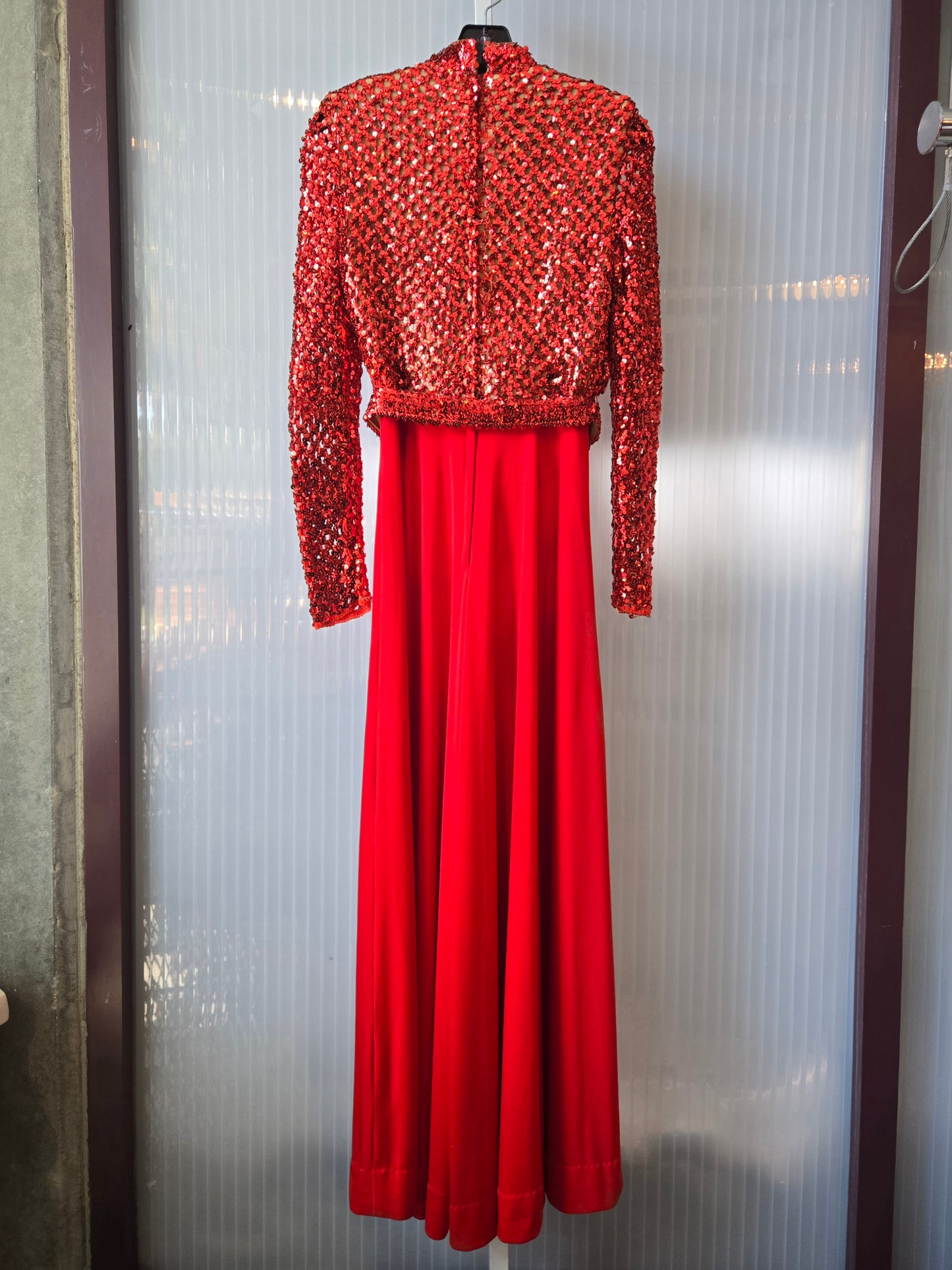 1970s Lipstick Red Disco Jumpsuit w/ Sequin Upper