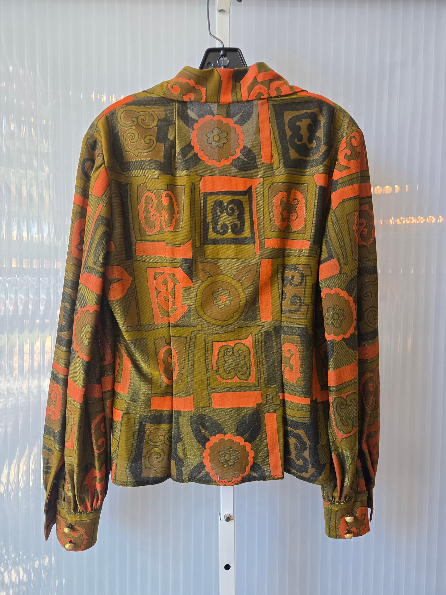 1970s Shimmering Multicolor Geometric Patterned Blouse and Skirt Set