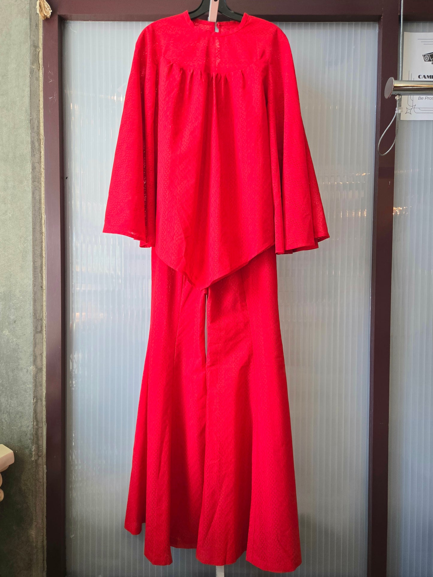 1970s Billowing Gathered Bright Red Lace Blouse & Pants Set