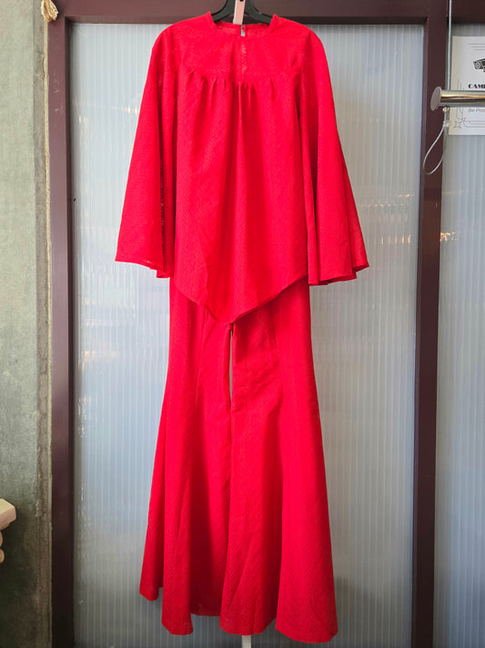 1970s Billowing Gathered Bright Red Lace Blouse & Pants Set