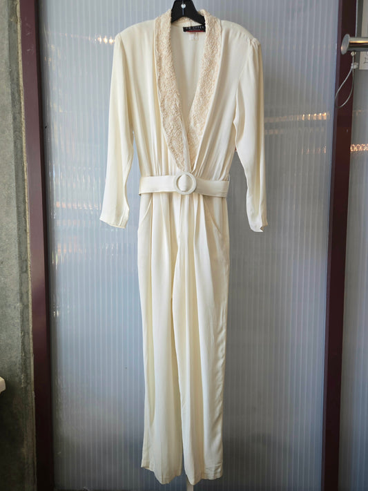 1980s Ivory Jumpsuit w/ Beaded Oversized Lapel
