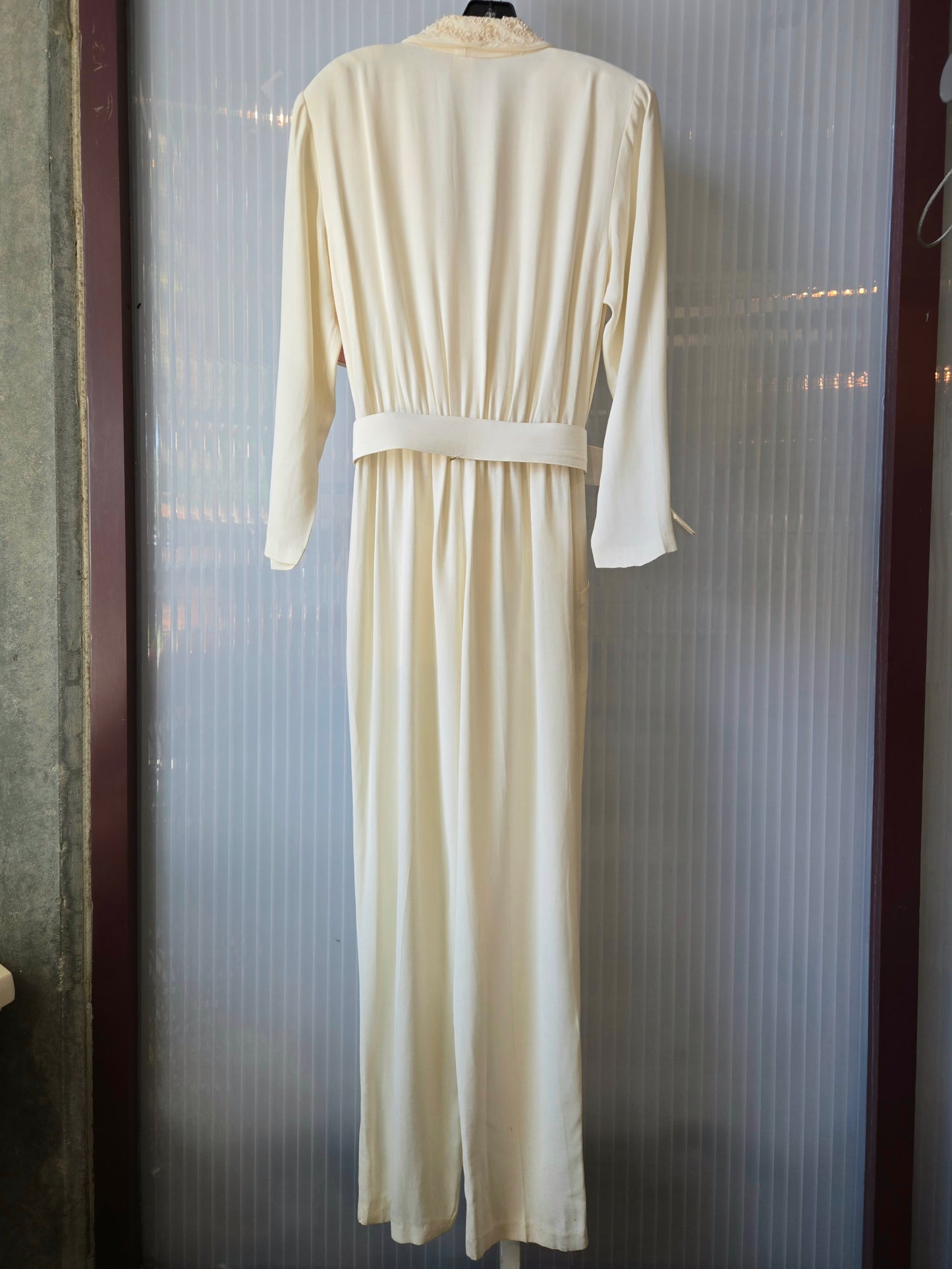 1980s Ivory Jumpsuit w/ Beaded Oversized Lapel