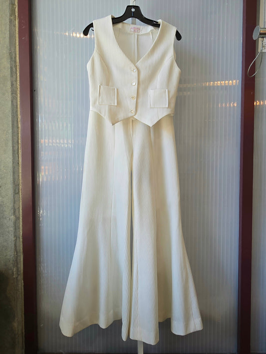 1970s White Ribbed Vest & Bellbottom Pants Set
