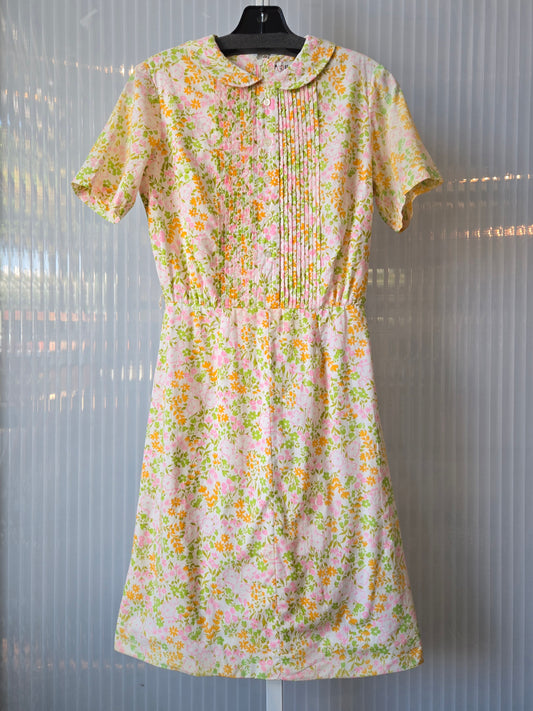 1960s Pink Green Yellow Floral Shirtwaist Dress