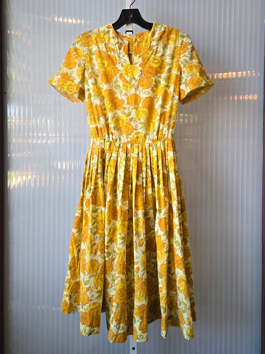 1950s Yellow Orange & Green Floral Dress