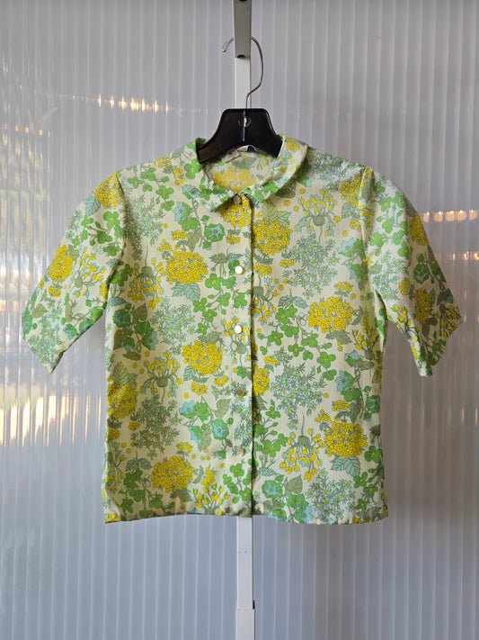1960s Green & Yellow Floral Print Short Sleeve Blouse