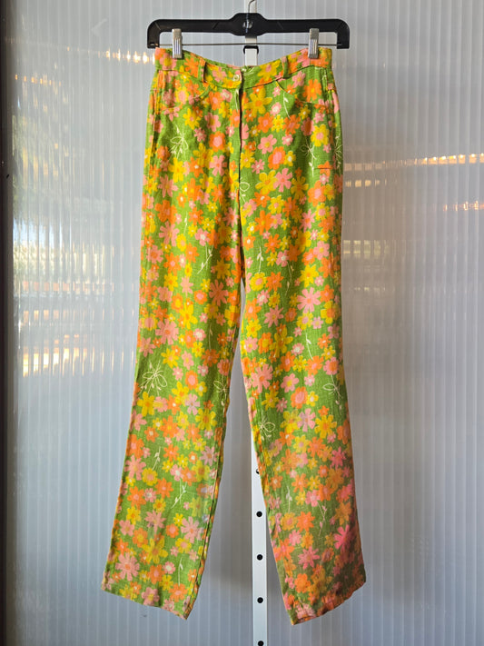 1970s Green Flower Power Pants