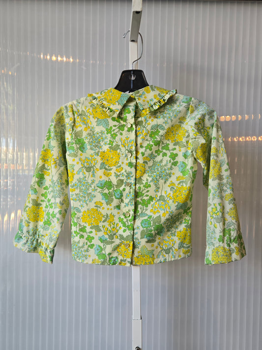 1960s Green & Yellow Floral Print Blouse