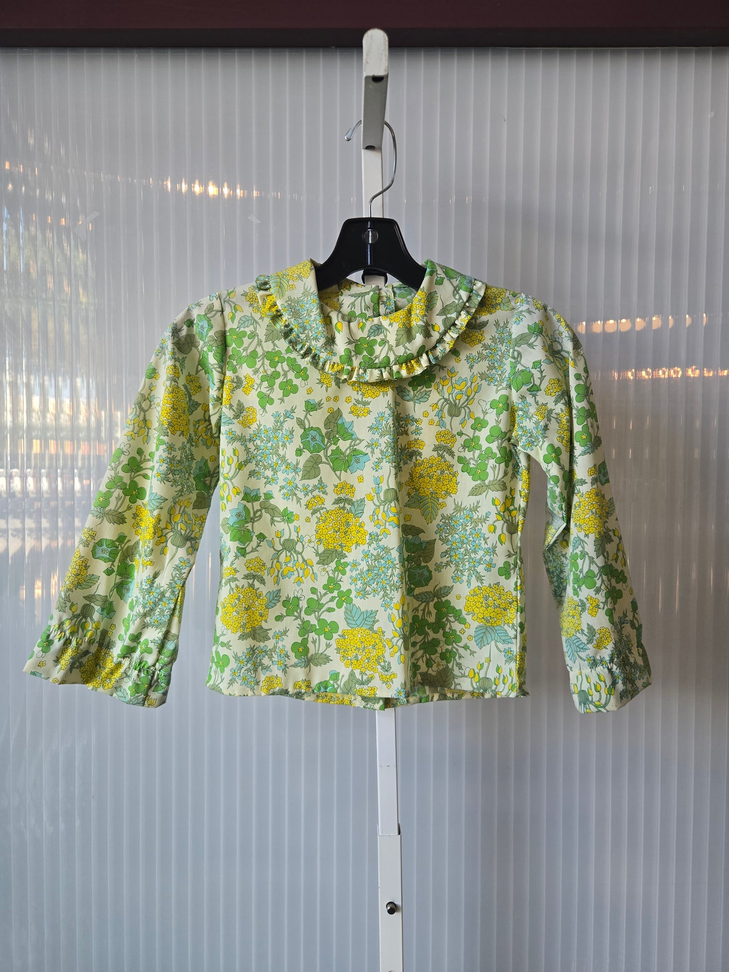 1960s Green & Yellow Floral Print Blouse